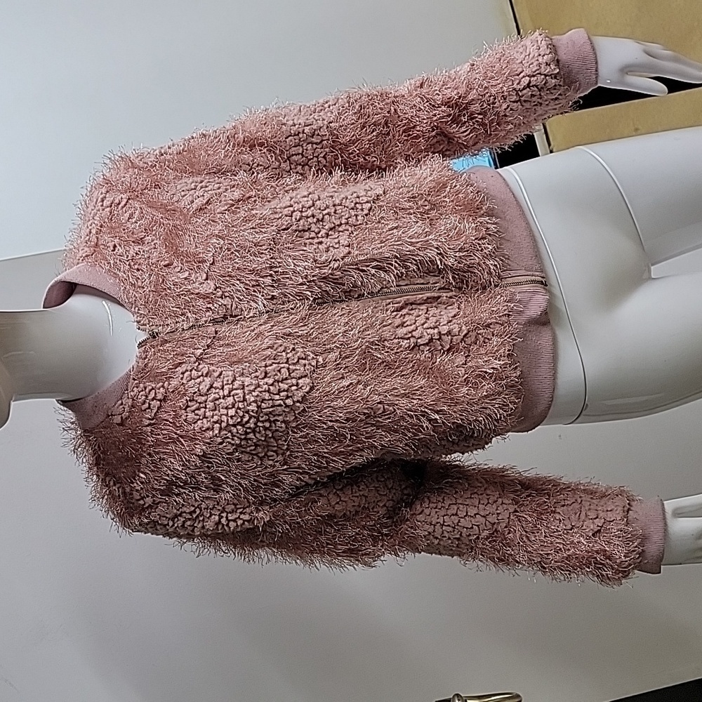 Privy Dusty Pink Shaggy Faux Fur Bomber Jacket Size Large